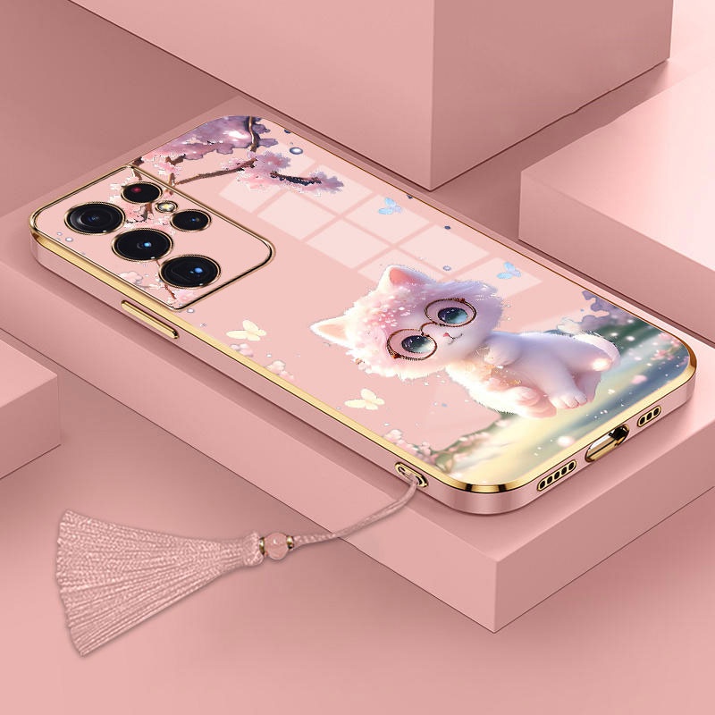 Ốp Điện Thoại TPU Silicon Mềm Mạ Viền Hình Mèo Kèm Dây Đeo Cho Samsung S23 Ultra S23 Plus S23