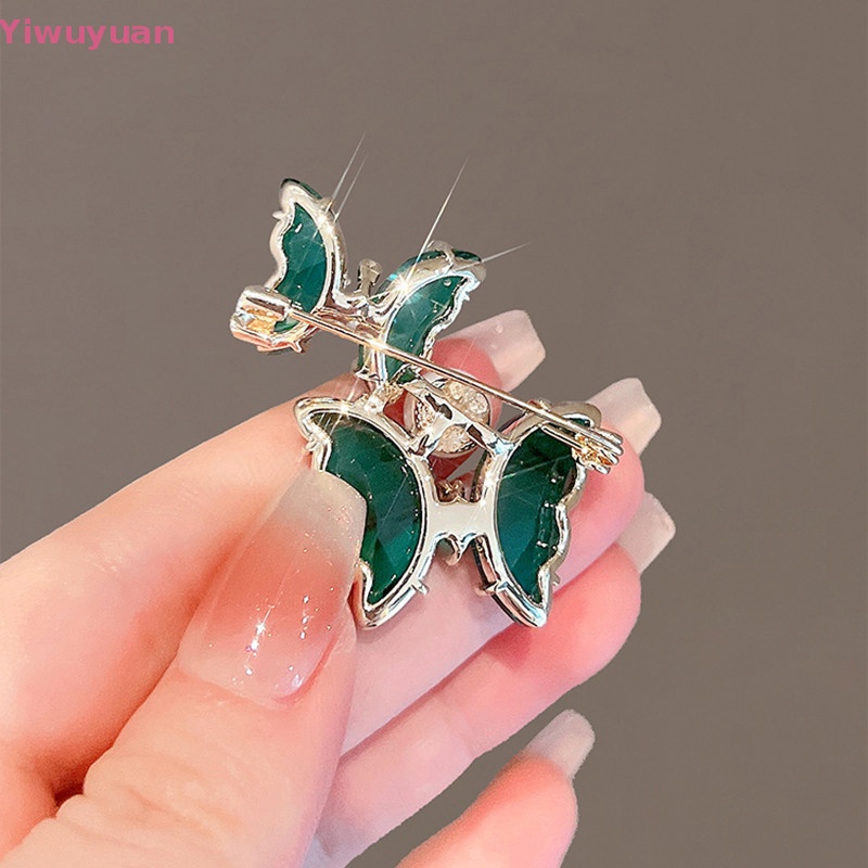 < Yiwuyuan > Trâm Cài Áo Hình Bướm Đôi Pha Lê Xanh Lá Thời Trang Phụ Kiện Hóa Trang Dành Cho