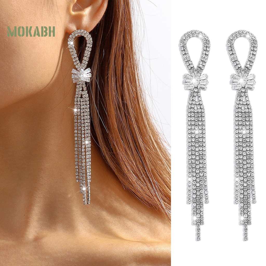 1 Đôi Bông Tai Tua Rua Dài Đính Đá Lấp Lánh Thời Trang