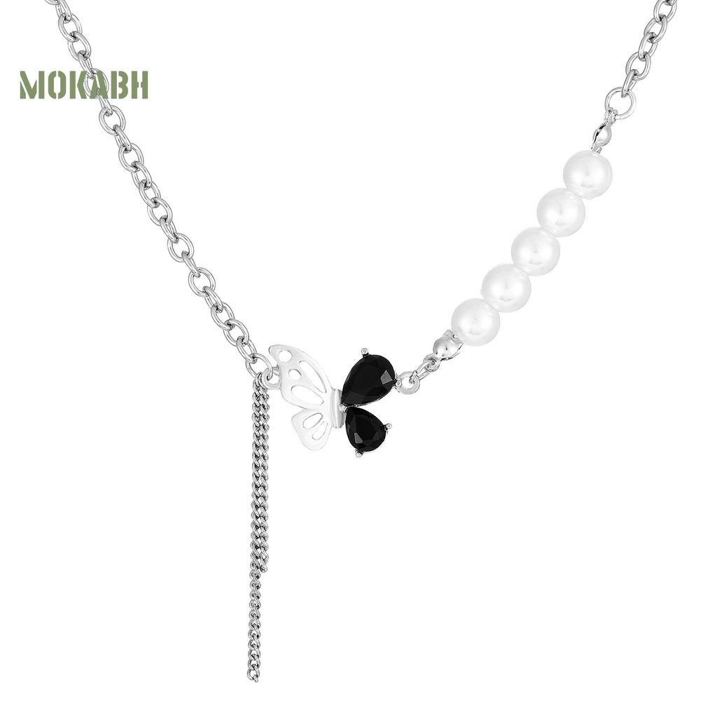 [Mới] Vòng cổ Mạ Điện Mặt Hình Bướm Đính Ngọc Trai Nhân Tạo Không Đối Xứng Quyến Rũ Cho Nữ