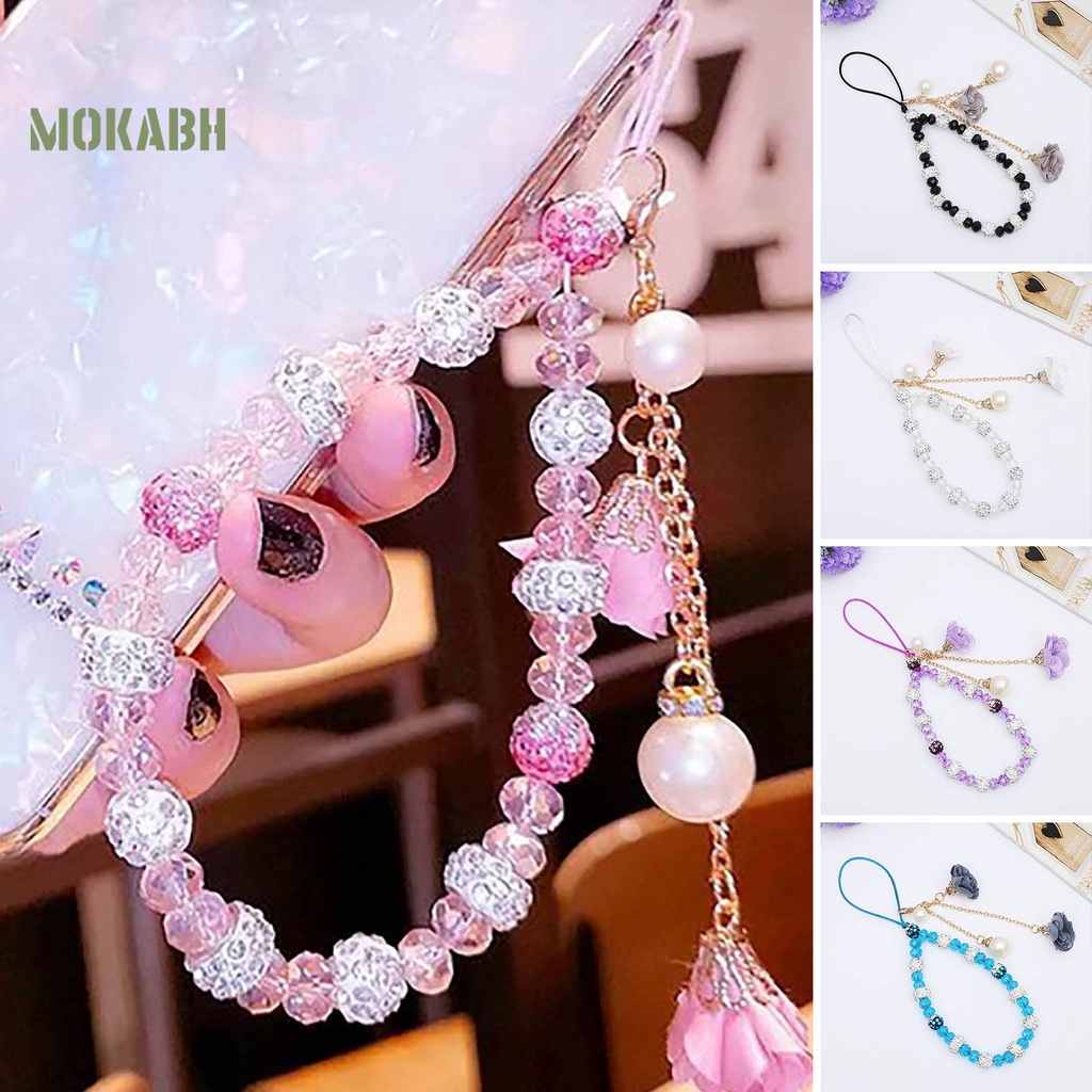 [Mới] Vòng Đeo Tay Chuỗi Hạt Pha Lê Giả Ngọc Trai Mặt Hoa Trang Trí Điện Thoại Di Động Thời Trang Cho Nữ