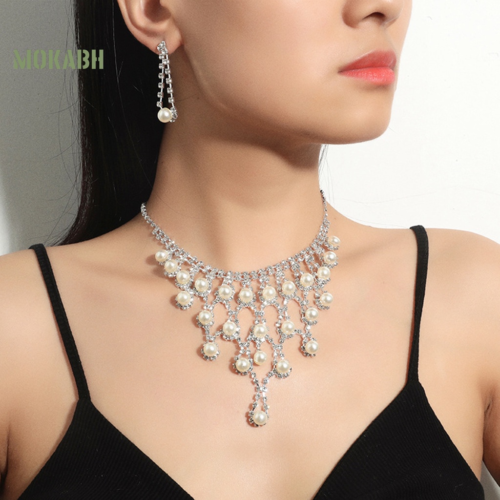 [Mới] 1 Set Vòng cổ Và Bông Tai Nhiều Lớp Đính Ngọc Trai Giả Thanh Lịch Không Gây Dị Ứng Cho Cô Dâu