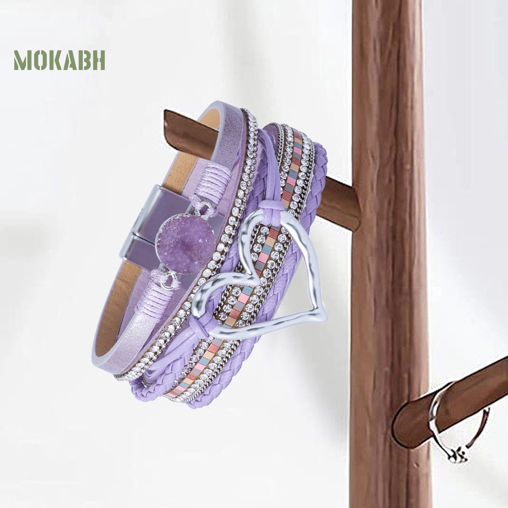 Vòng Tay Giả Da Nhiều Lớp Đính Đá Hình Trái Tim Phong Cách Bohemian Dành Cho Nữ