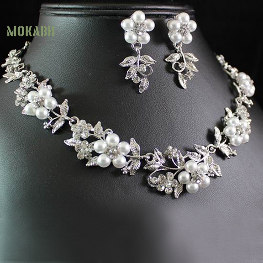 1 Bộ Vòng cổ + Bông Tai Mạ Bạc Đính Ngọc Trai Nhân Tạo Thời Trang Cho Nữ