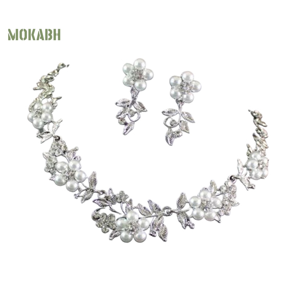 1 Bộ Vòng cổ + Bông Tai Mạ Bạc Đính Ngọc Trai Nhân Tạo Thời Trang Cho Nữ