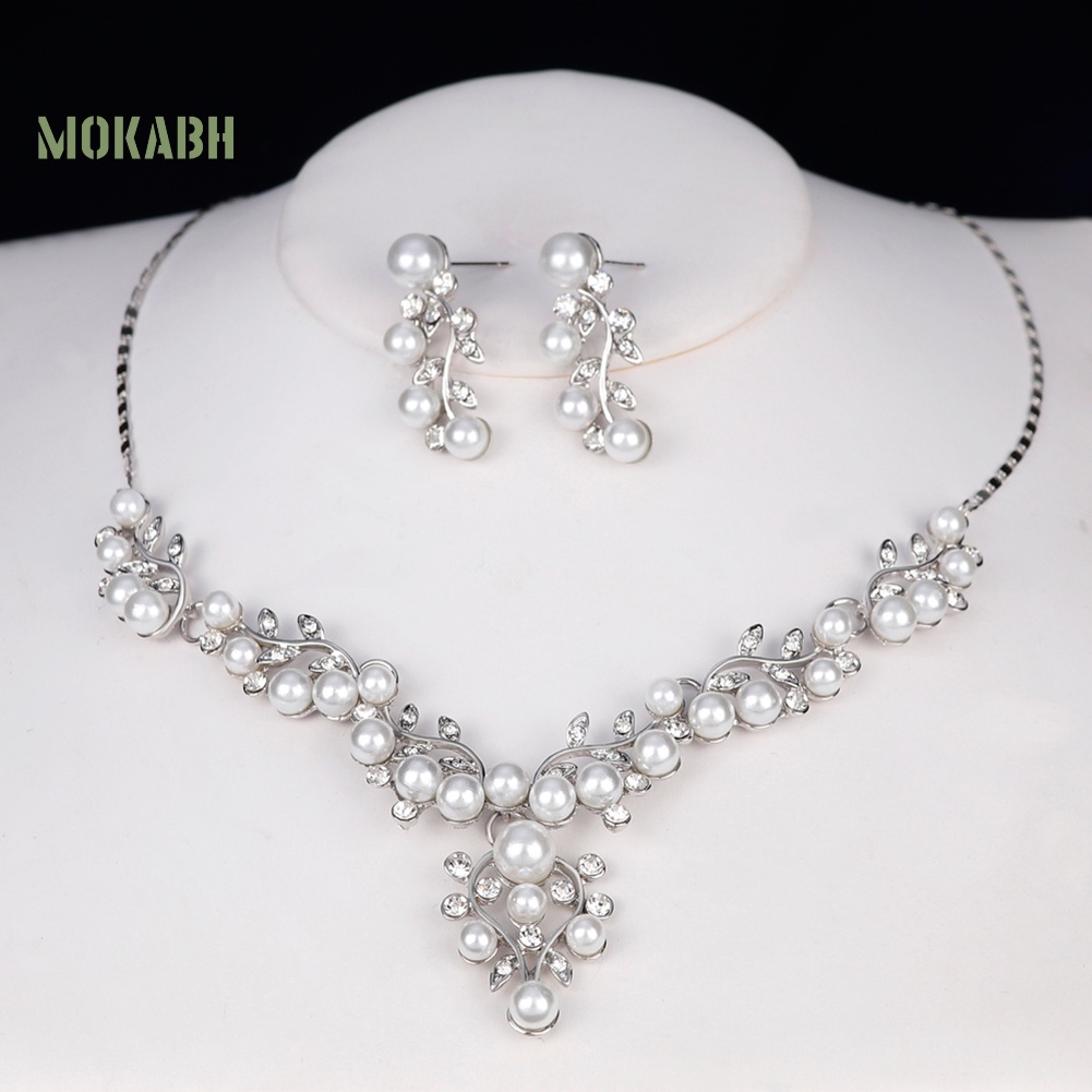 Bộ Vòng cổ + Bông Tai Đính Đá &amp; Ngọc Trai Giả Thanh Lịch Cho Nữ