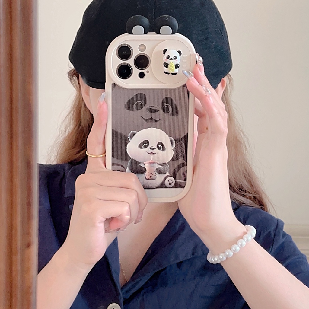 Ốp Điện Thoại TPU Silicon Mềm Chống Sốc Có Nắp Trượt Bảo Vệ Camera In Hình Gấu Trúc 3D Cho iPhone 13 12 11 Pro Max 14 Plus