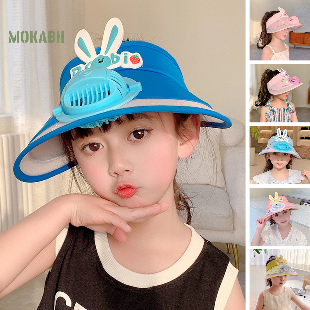 [Mok Abh] Mũ Quạt Điện Vành Rộng Chống Tia UV Họa Tiết Hoạt Hình Bảo Vệ An Toàn Không Có Quạt Sưởi Ấm Cho Trẻ Em