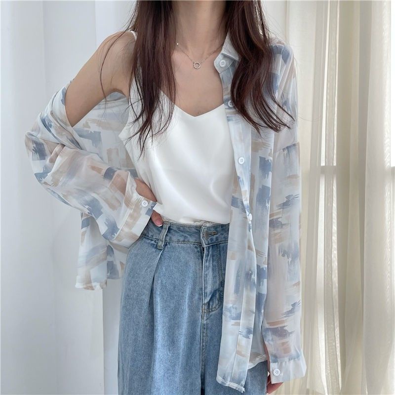 Áo Khoác Sơ Mi Chiffon Tay Dài Dáng Rộng Phong Cách Hàn Quốc Thời Trang Mùa Hè Cho Nữ