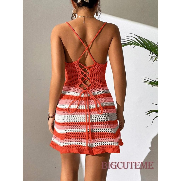 [] - Đầm Mini Hai Dây Dệt Kim Kẻ Sọc Thời Trang Mùa Hè Cho Nữ