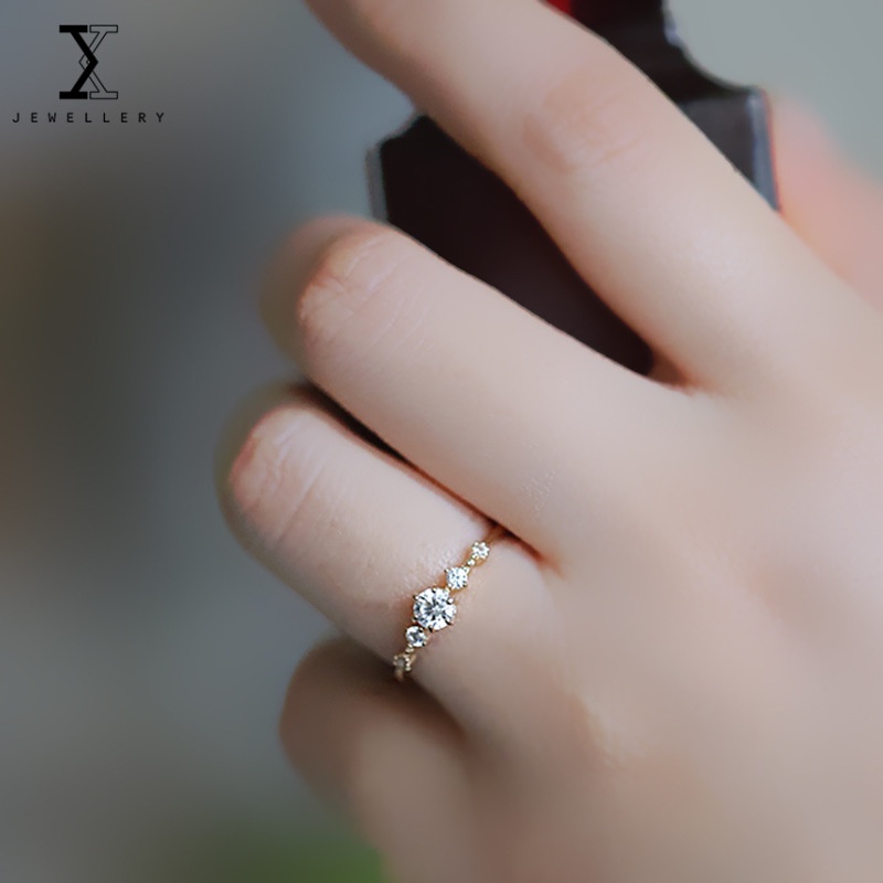 Nhẫn Mạ Vàng 14K 100% S925 Đính Kim Cương Lấp Lánh Dễ Phối Đồ Thời Trang Cho Nữ