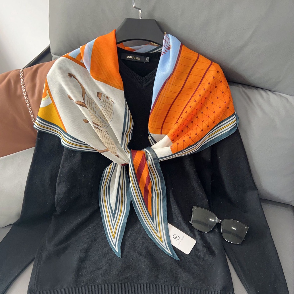 Khăn Choàng Cổ Nhỏ 180 * 38cm Bằng Lụa Đính Kim Cương Giả Màu Cam Họa Tiết Hình Học