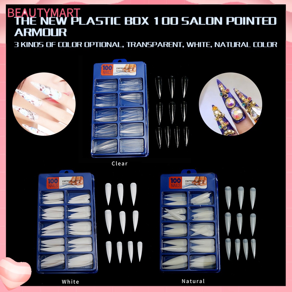 Bộ 100 Móng Tay Giả Màu Trắng / Đen Trong Suốt Hình Oval