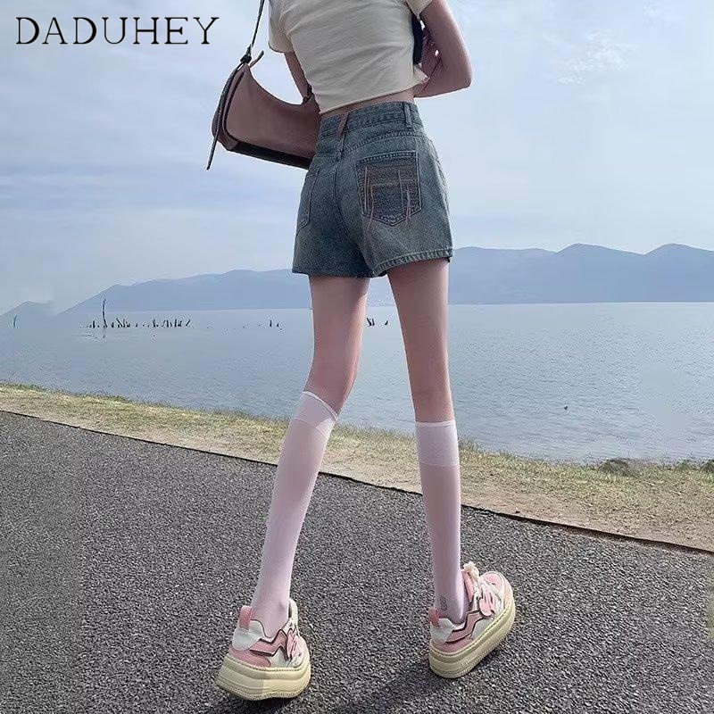 Quần short denim DADUHEY ống rộng cạp cao thời trang retro phong cách Hàn Quốc cho nữ