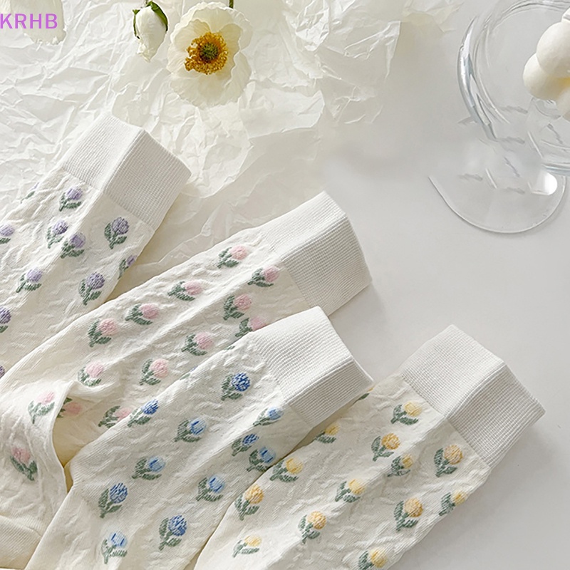 1 Đôi Tất Cotton Trắng In Hình Hoa Tulip Phong Cách Harajuku Nhật Bản Đáng Yêu Cho Nữ Mới