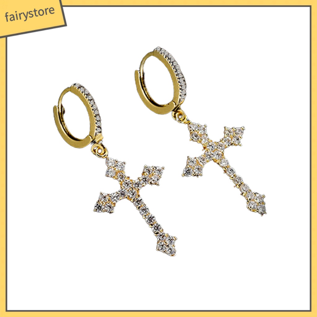 1 Đôi Bông Tai Hình Chữ Thập Lấp Lánh Phong Cách Hip Hop