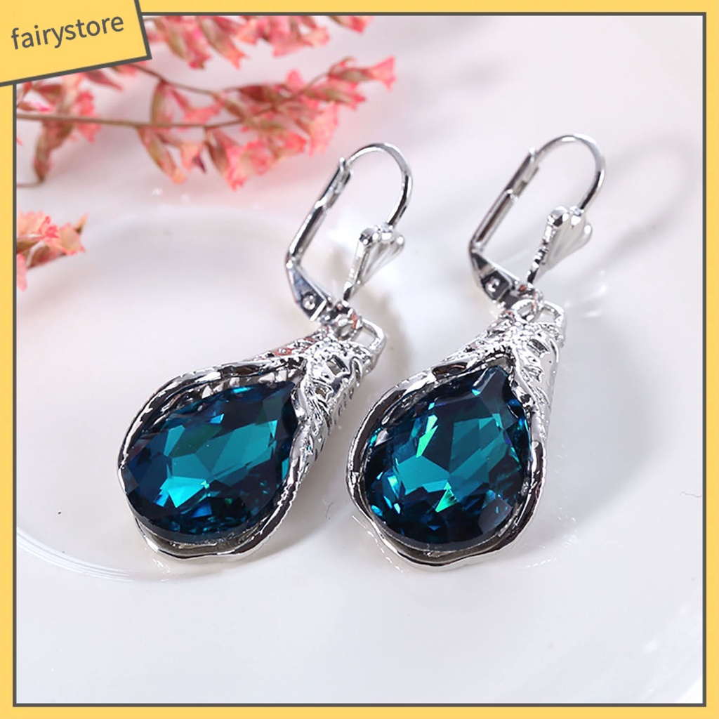 1 Cặp Bông Tai Đính Đá Hình Giọt Nước Màu Xanh Lá Phong Cách Retro