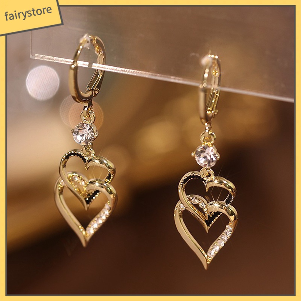 1 Đôi Bông Tai Hình Trái Tim Đính Đá Lấp Lánh Phong Cách Vintage Dành Cho Nữ
