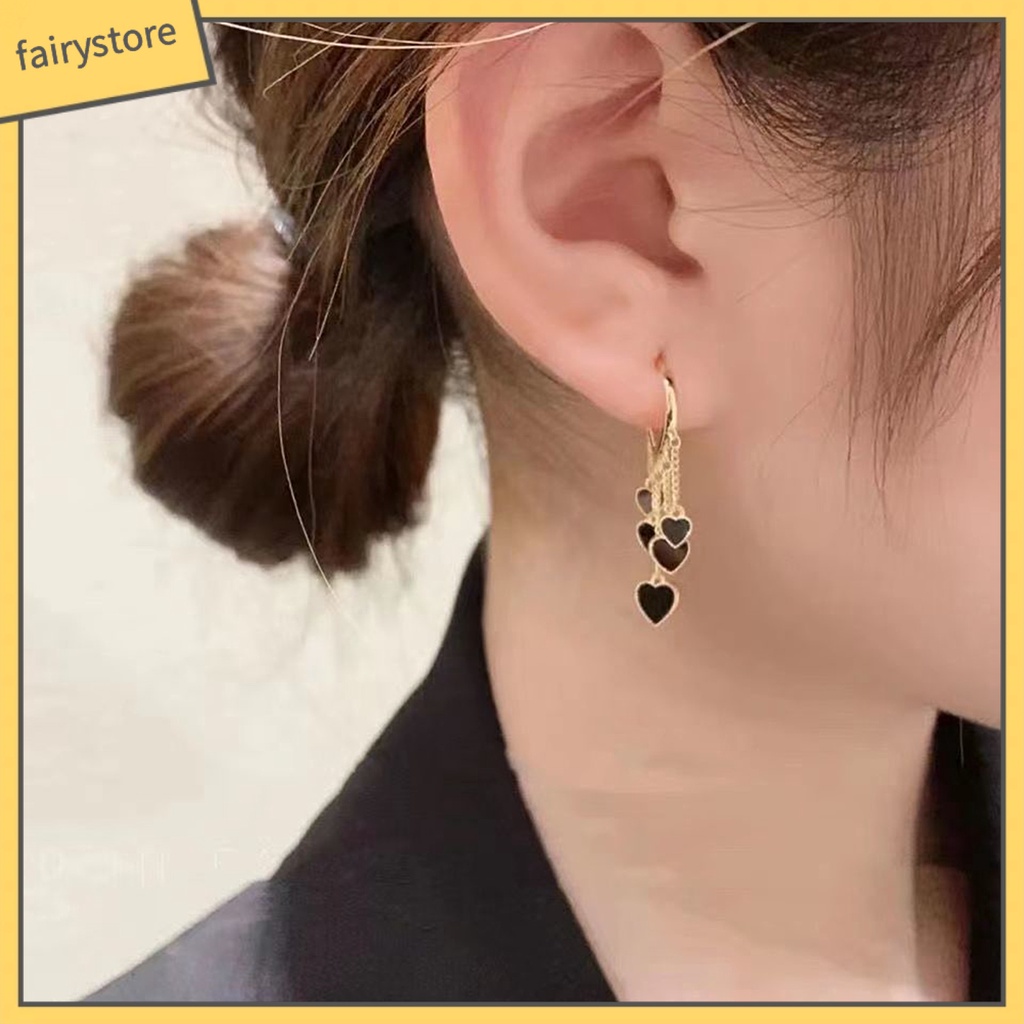 1 Đôi Bông Tai Tua Rua Hình Trái Tim Màu Đen Mạ Điện Thời Trang Cho Nữ