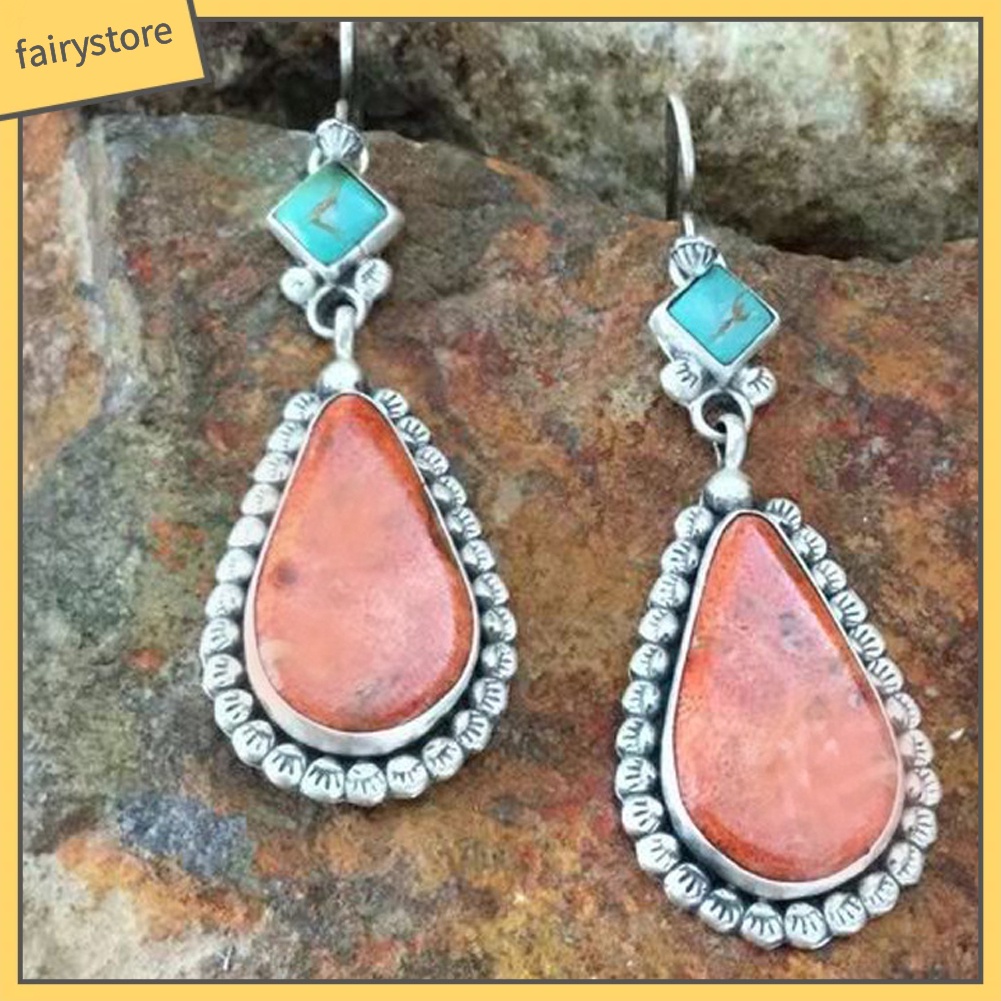 Bông Tai Đính Đá Ngọc Lam Giả Hình Giọt Nước Phong Cách Vintage Dành Cho Nữ