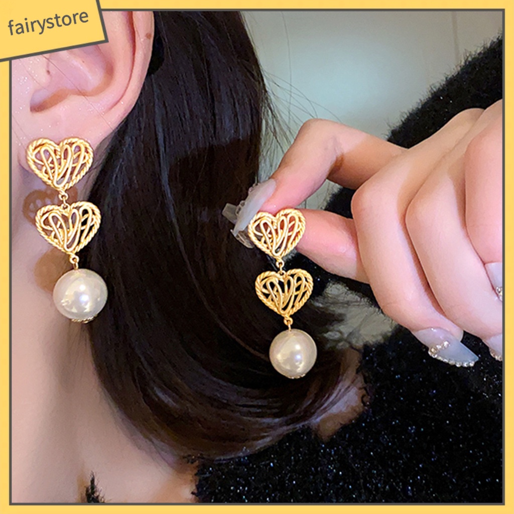 1 Đôi Bông Tai Hình Trái Tim Đính Ngọc Trai Giả Mạ Điện Không Gây Dị Ứng Thời Trang