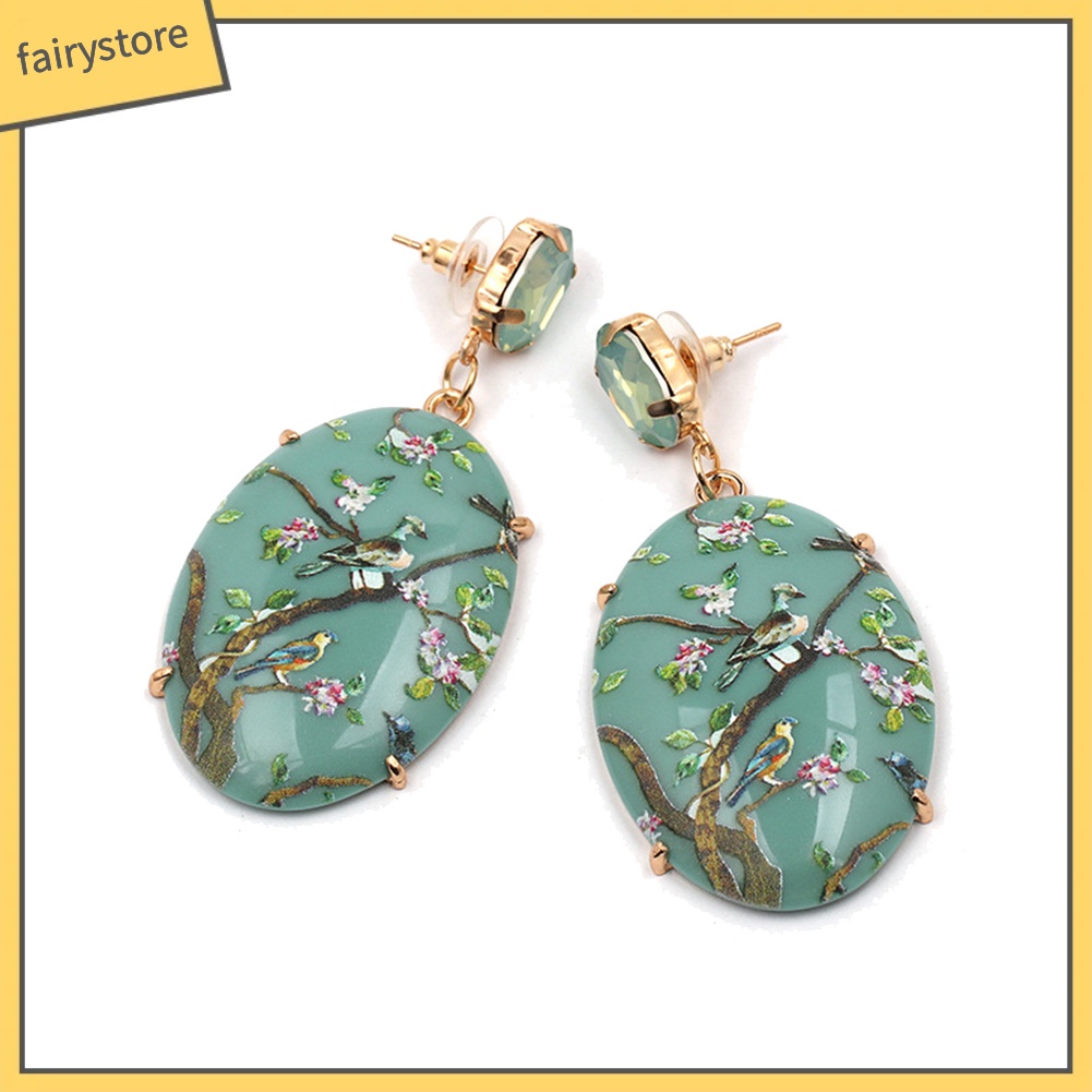 Bông Tai Hình Oval Họa Tiết Hoa Và Chim Phong Cách Vintage Dành Cho Nữ