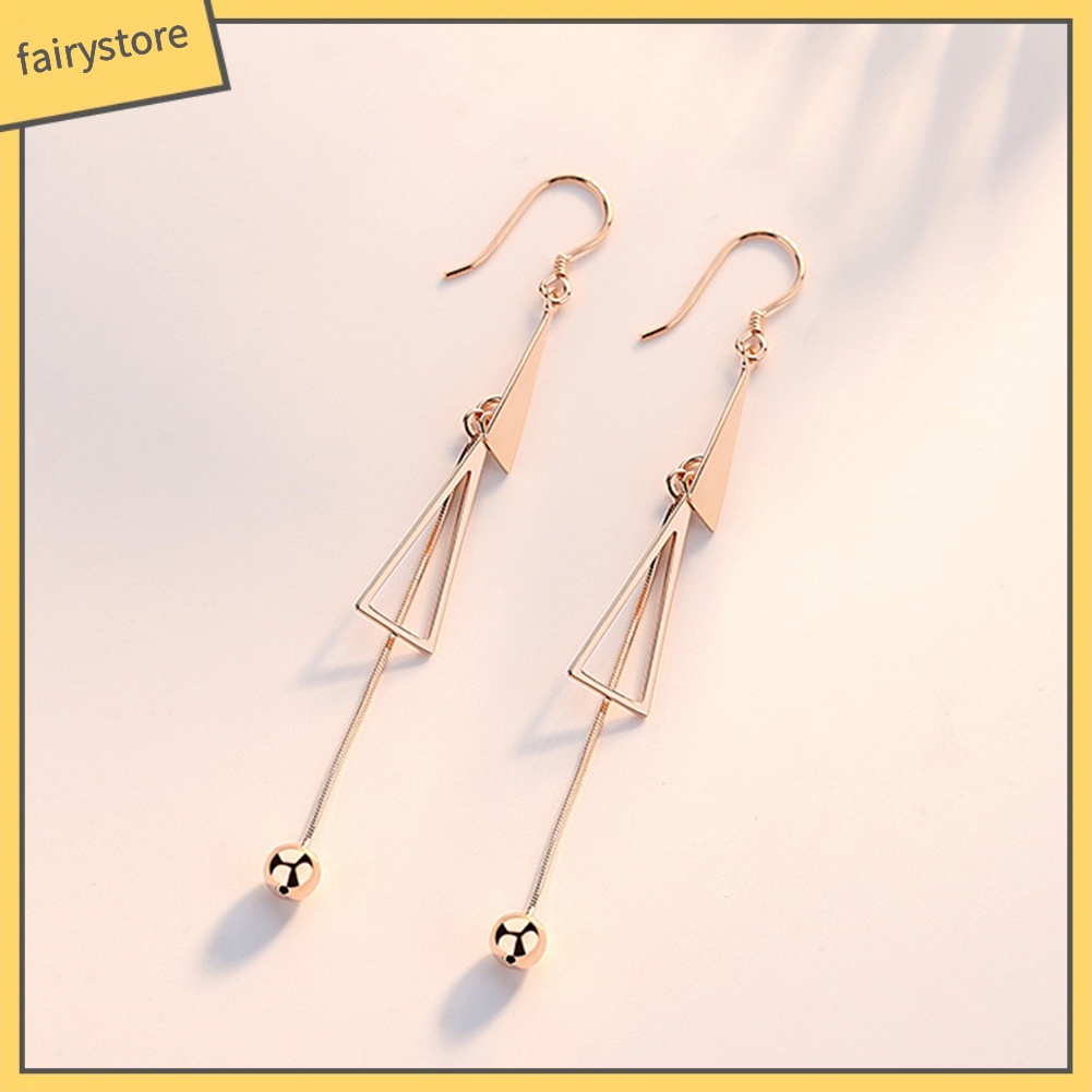 Đôi Bông Tai Hình Tam Giác Dáng Dài Gắn Hai Quả Bông Thời Trang Cho Nữ