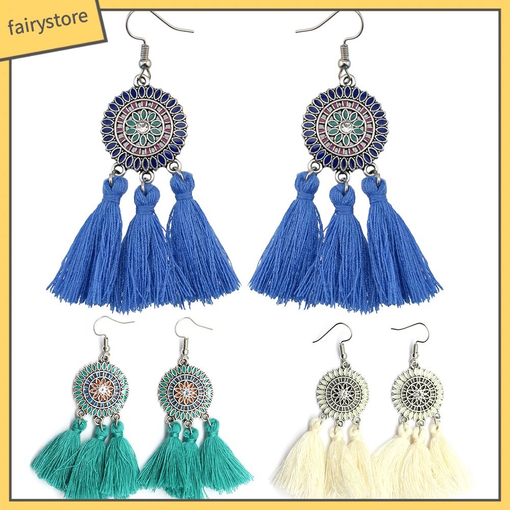 Bông Tai Hình Hoa Hướng Dương Phối Tua Rua Phong Cách Boho Thời Trang