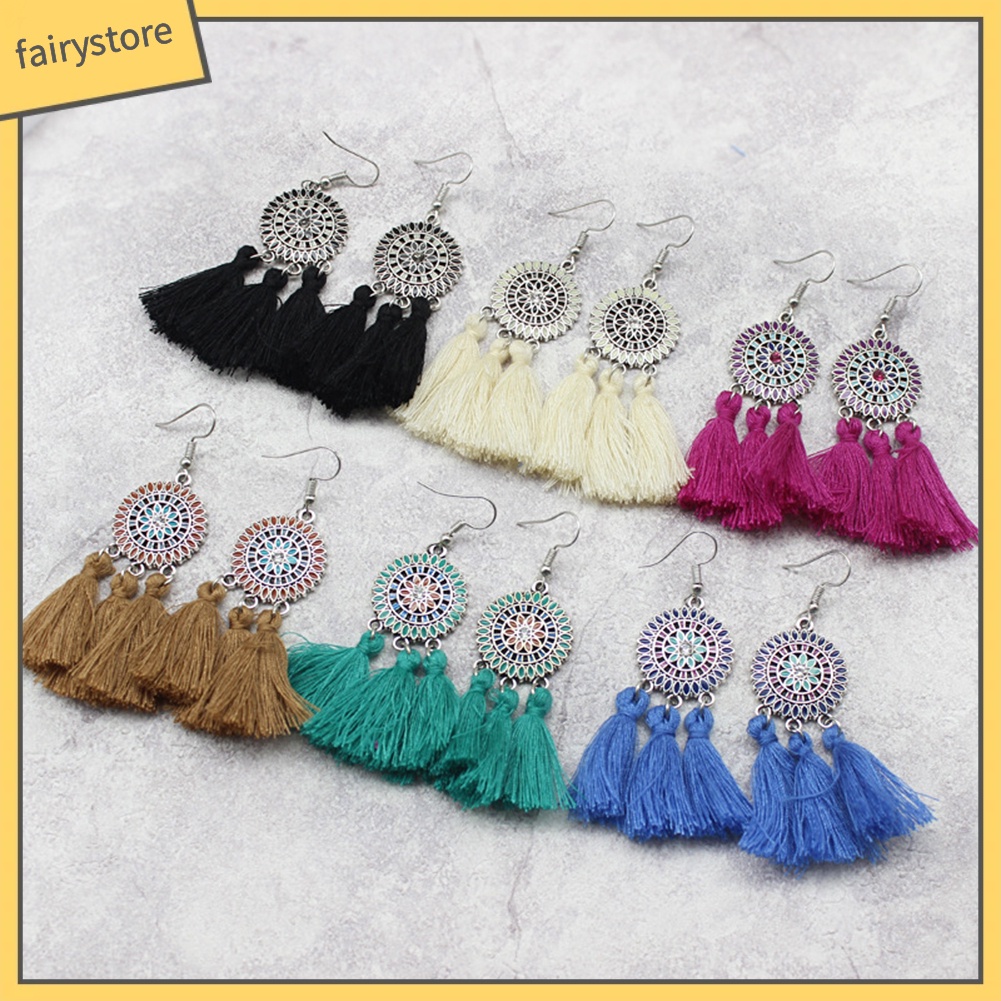 Bông Tai Hình Hoa Hướng Dương Phối Tua Rua Phong Cách Boho Thời Trang