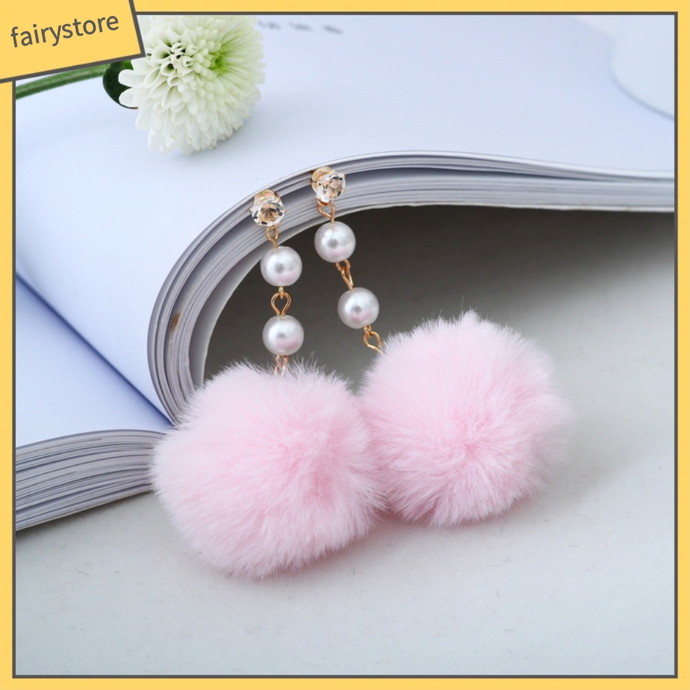 Bông Tai Đính Ngọc Trai Và Bóng Lông Giả Đáng Yêu Cho Nữ