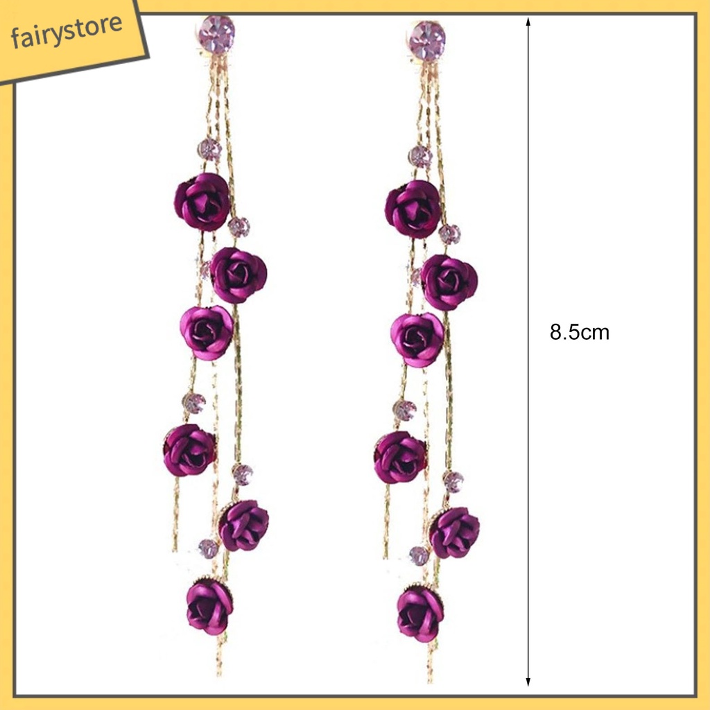 1 Đôi Bông Tai Dài Hình Hoa Hồng Đính Đá Lấp Lánh Dành Cho Nữ