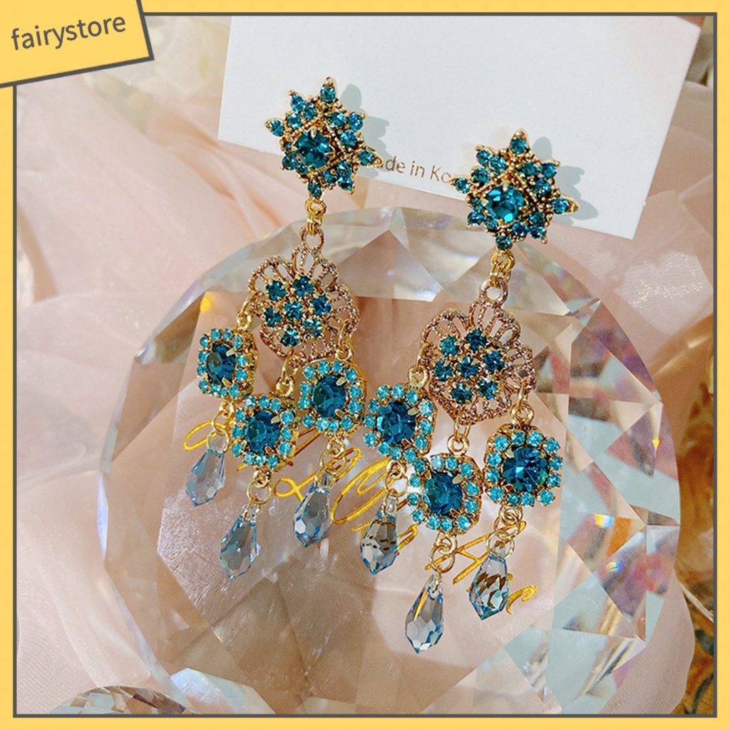 1 Đôi Bông Tai Dáng Dài Đính Pha Lê Xanh Dương Phong Cách Vintage