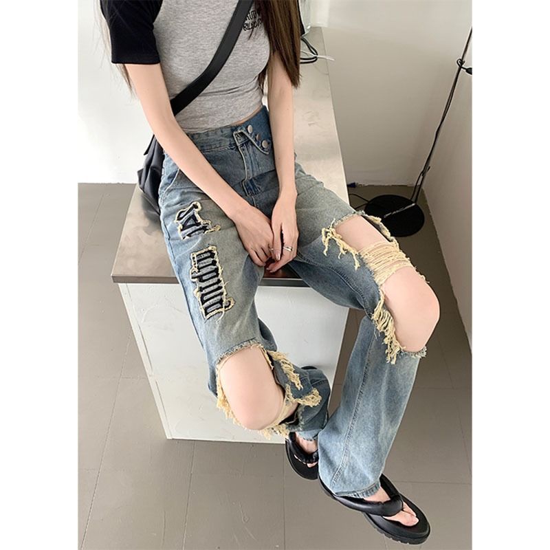 Y2k Quần Jeans Nữ Rách Dáng Suông Rộng Thêu Chữ vibe Đường Phố Mỹ Mùa Hè Cho Nữ