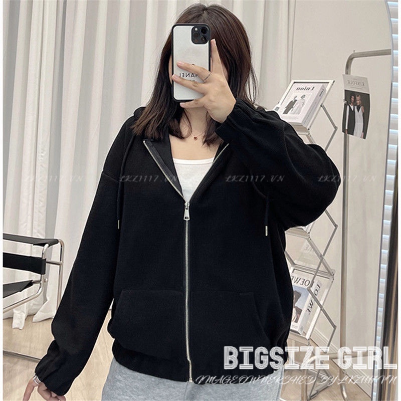 Áo nỉ hoodie khoác Bigsize Áo cardigan nữ dáng suông tay dài thiết kế khoá kéo mùa thu Phong cách Hàn Quốc Thời Trang cá tính xinh đẹp cho người mập béo nữ