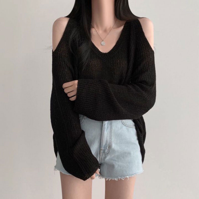 Áo sweatshirt XINLANYASHE tay dài trễ vai cổ chữ V dáng rộng phong cách ngọt ngào thời trang chống nắng