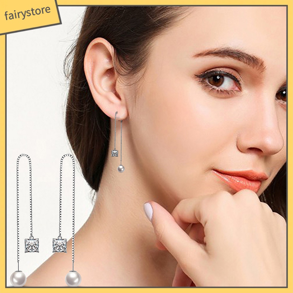 [FRO] Bông Tai Dây Xích Dài Mảnh Mạ Bạc Cho Nữ