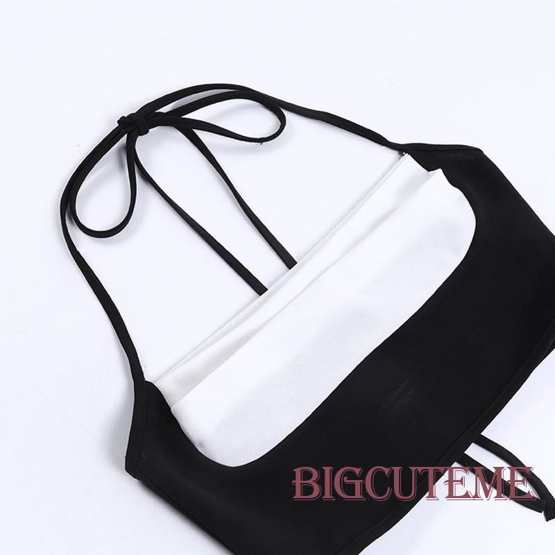 [] - Áo Crop Top Không Tay Ôm Dáng Màu Sắc Tương Phản Buộc Dây Dành Cho Nữ