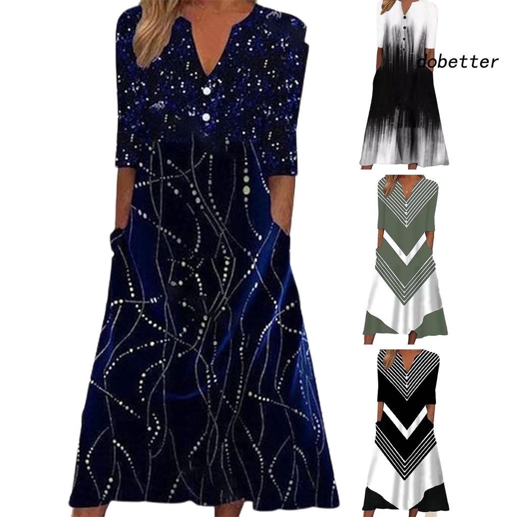 Đầm Dài Cổ Chữ V Kẻ Sọc Phối Nút Trang Trí Có Túi Thời Trang Cho Nữ