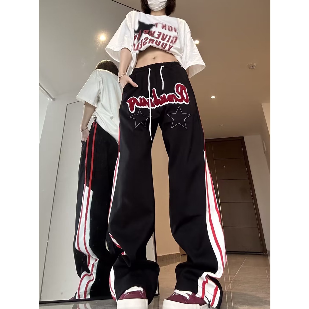 Quần Thể Thao Ống Đứng Kẻ Sọc Thêu Họa Tiết Phong Cách Đường Phố Mỹ Thời Trang Mùa Hè Cho Nam