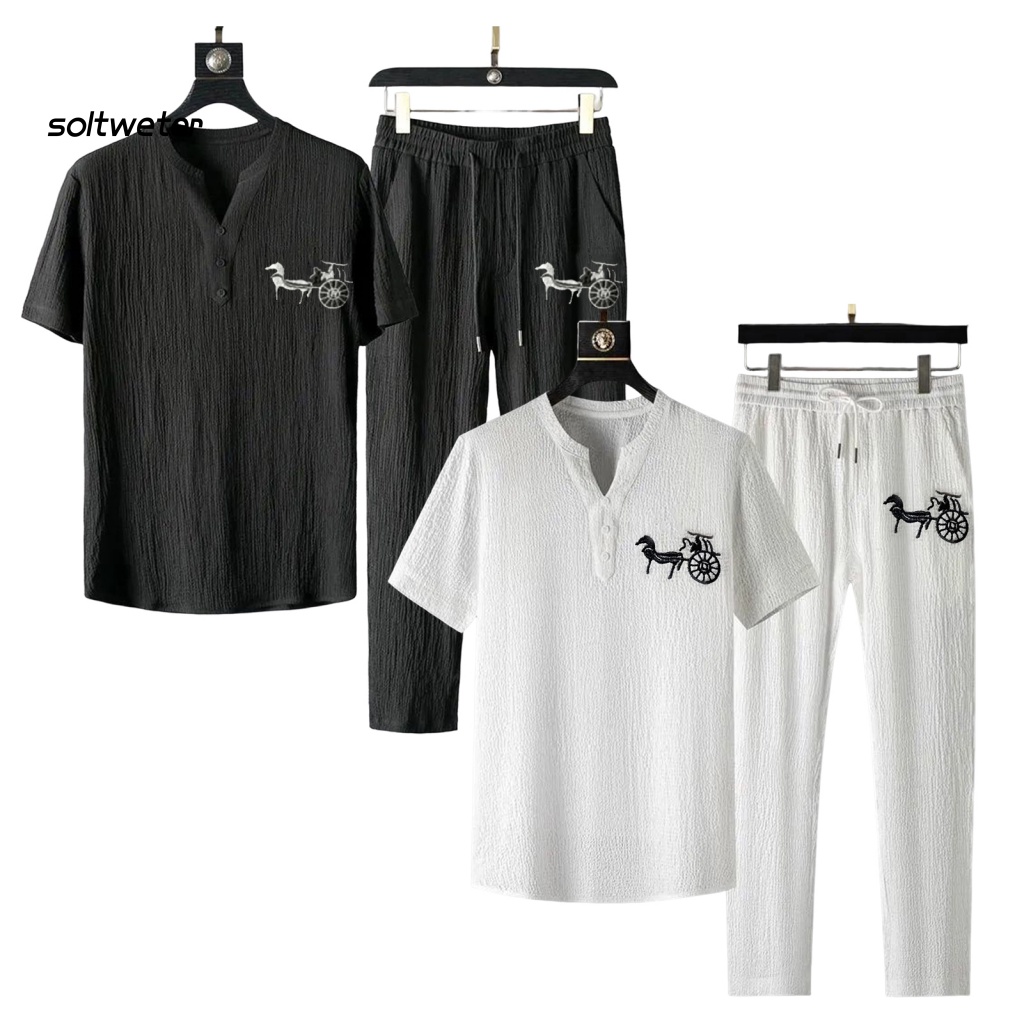 1 Bộ Áo Tay Ngắn Cổ Chữ V Màu Trơn Phối Quần Dài Đính Nút Thời Trang Mùa Hè Cho Nam