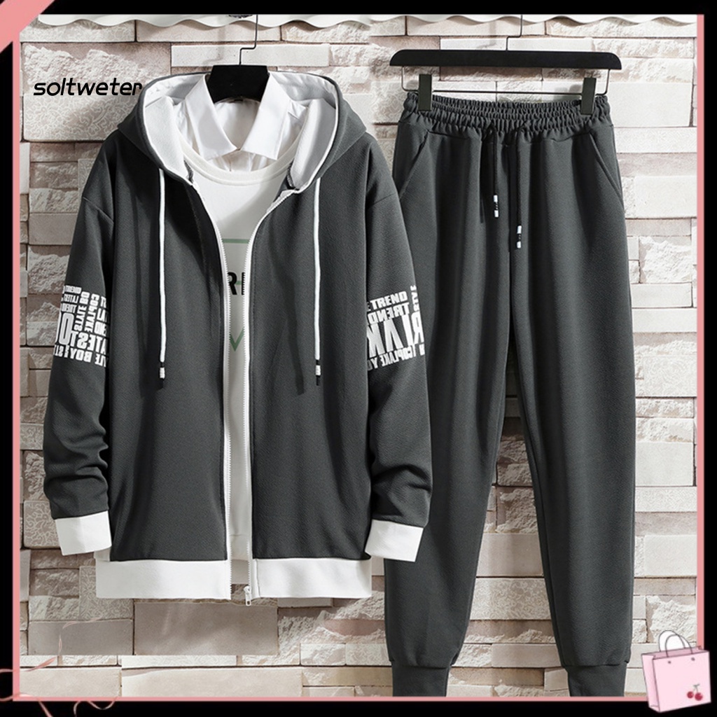 1 Bộ Áo Khoác Nỉ Có Khóa Kéo Dáng Rộng In Chữ Phong Cách Hàn Quốc Thời Trang Cho Nam