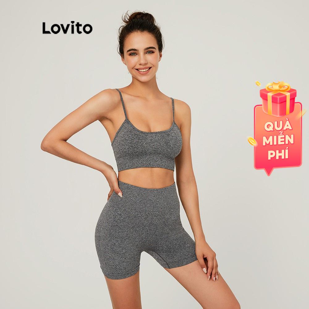 Bộ đồ thể thao Lovito ôm dáng màu trơn cổ tròn không tay co giãn phong cách cơ bản L03112 (màu xám)