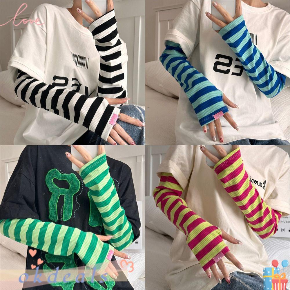 Găng Tay Dài Chống Nắng UV Họa Tiết Kẻ Sọc Cho Nữ