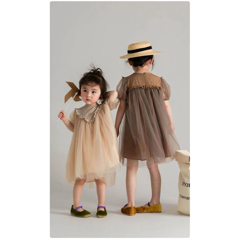 Đầm Công Chúa Tay Phồng Phối Lưới Phong Cách Hàn Quốc Cho Bé Gái