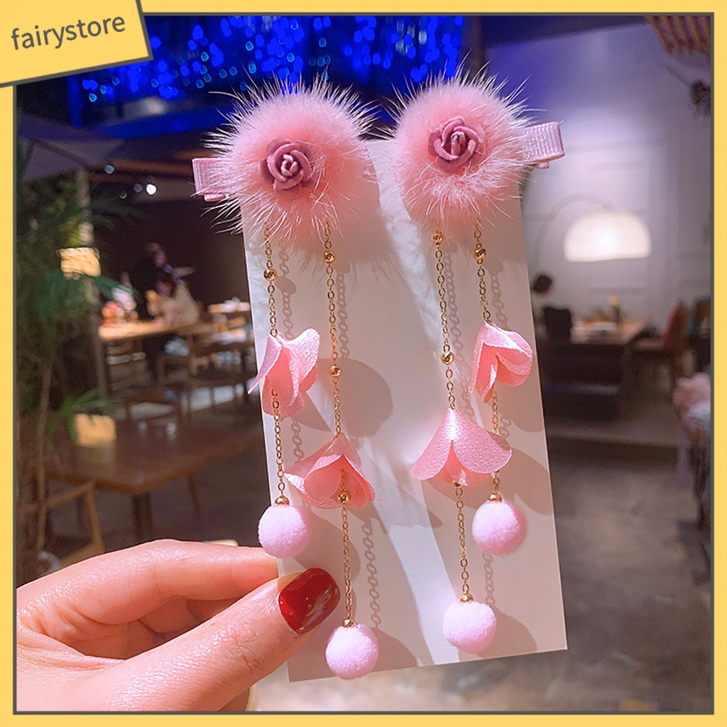 Kẹp Tóc Đính Bóng Lông Tua Rua Phong Cách Vintage Cho Nữ