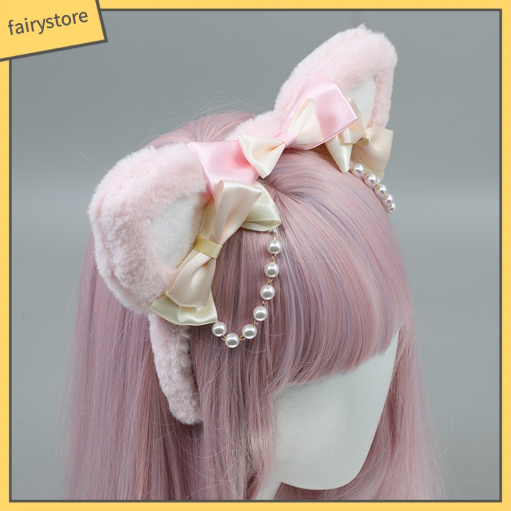 Băng Đô Nơ Tai Mèo Bông Đính Ngọc Trai Nhân Tạo Hóa Trang Lolita