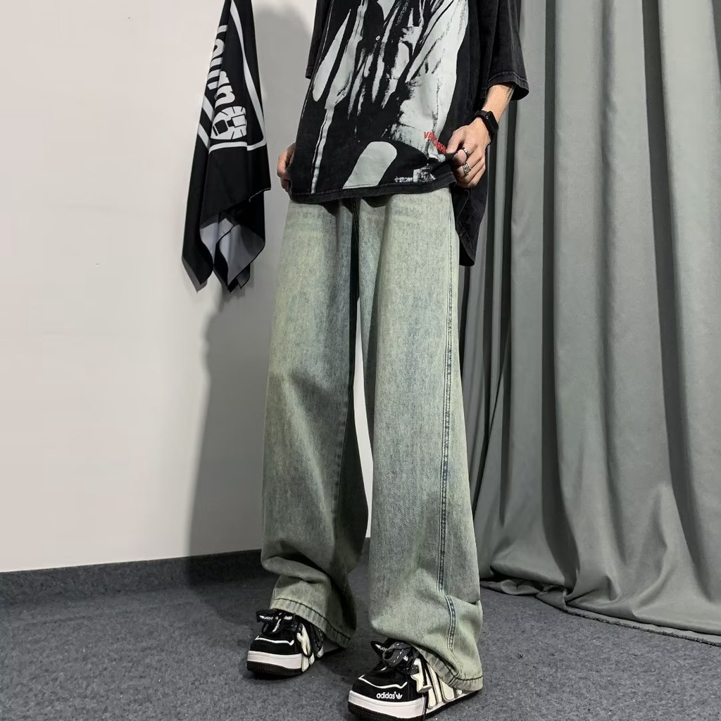 Quần Jean Dài Ống Rộng Lưng Cao Phong Cách Retro Đường Phố Mỹ Thời Trang Xuân Thu Cho Nam Và Nữ