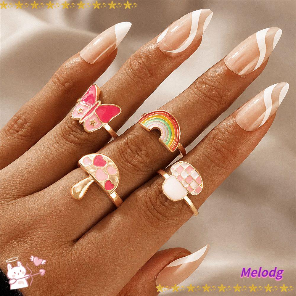 Bộ 4 Nhẫn Họa Tiết Trái Tim / Bươm Bướm Tráng Men Phong Cách Vintage