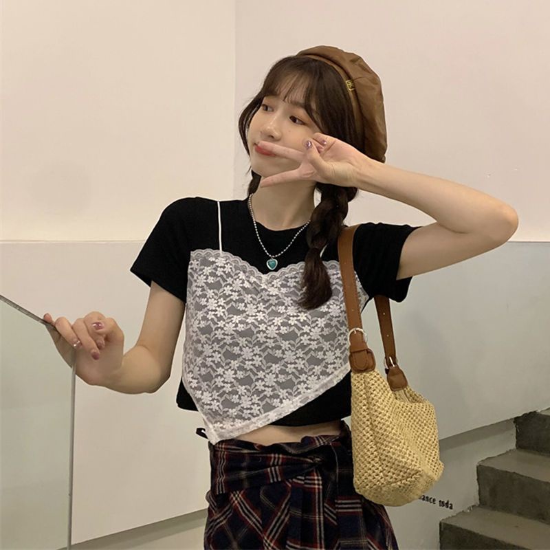 Áo Thun Tay Ngắn Giả Hai Lớp Thời Trang Mùa Hè 2023 Mới Cho Nữ