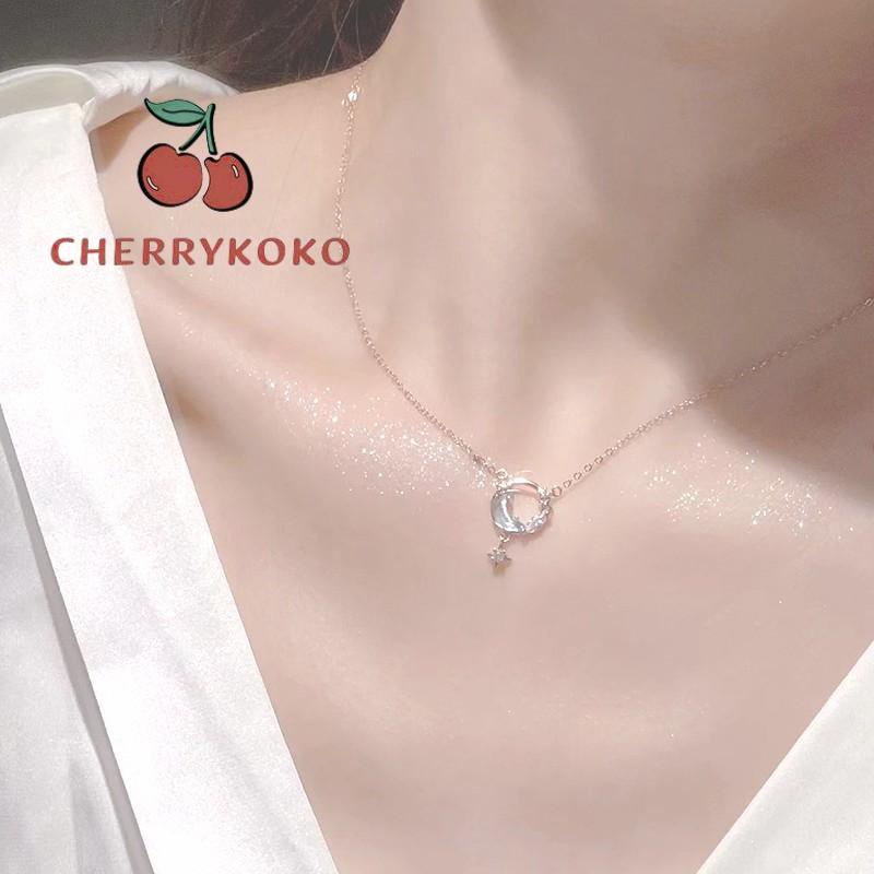 🍒🍒CHERRYKOKO Vòng cổ Mạ Bạc Mặt Trăng Và Ngôi Sao Đính Đá Zircon Xanh